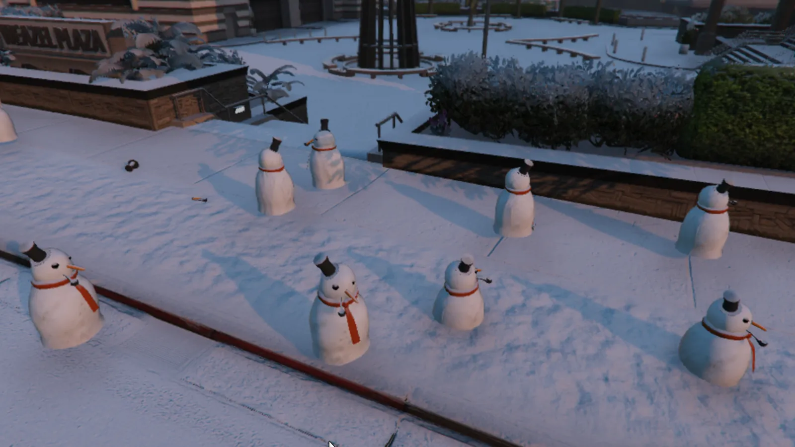 Eight snowmen outside Weazle Plazza in GTA Online