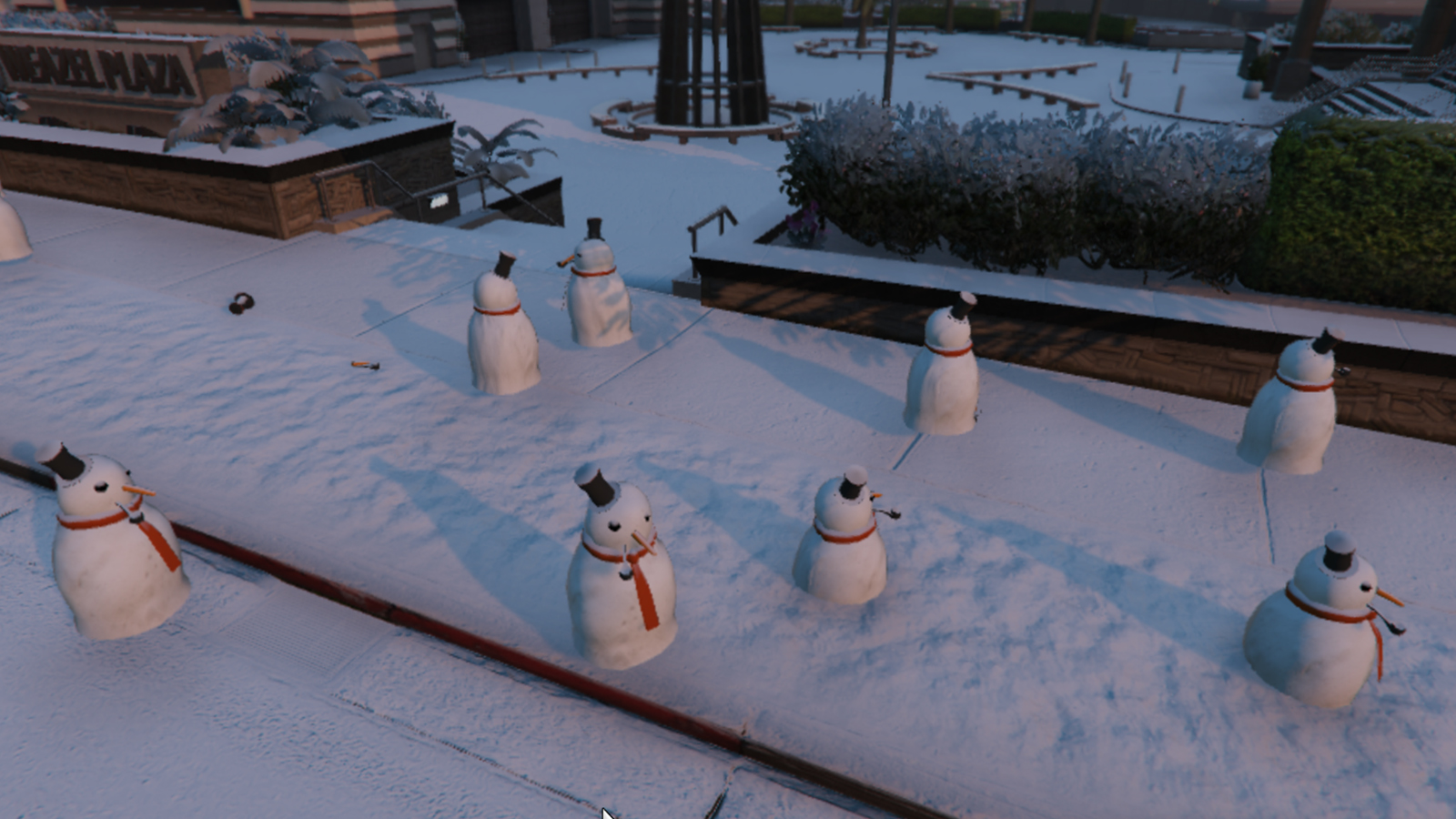 Eight snowmen outside Weazle Plazza in GTA Online