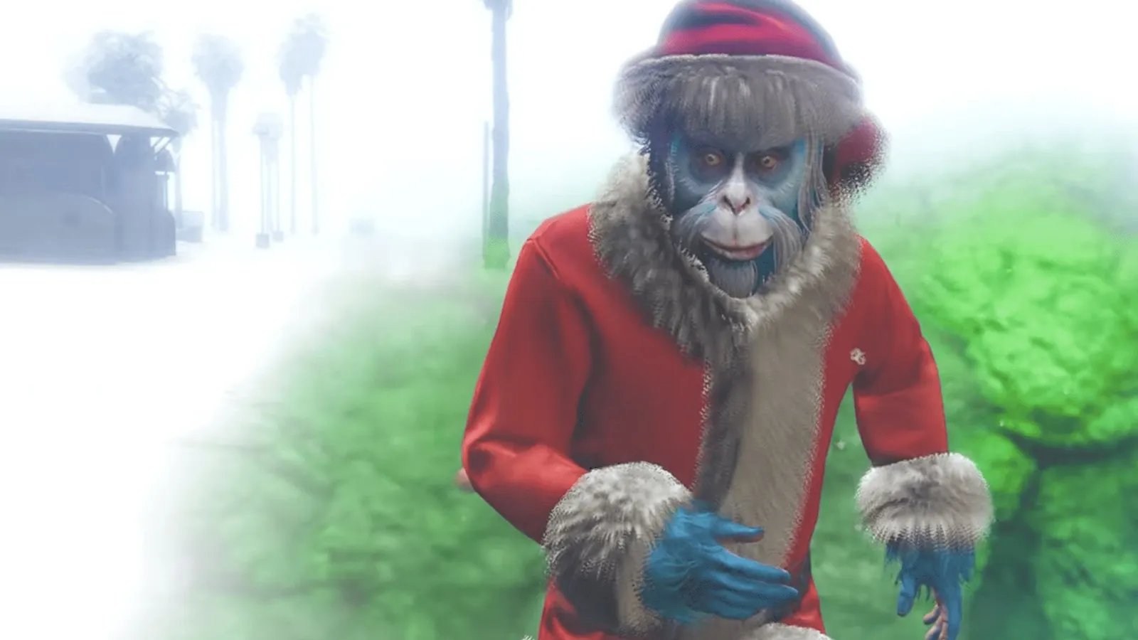 The Gooch running past a green bush in GTA Online.