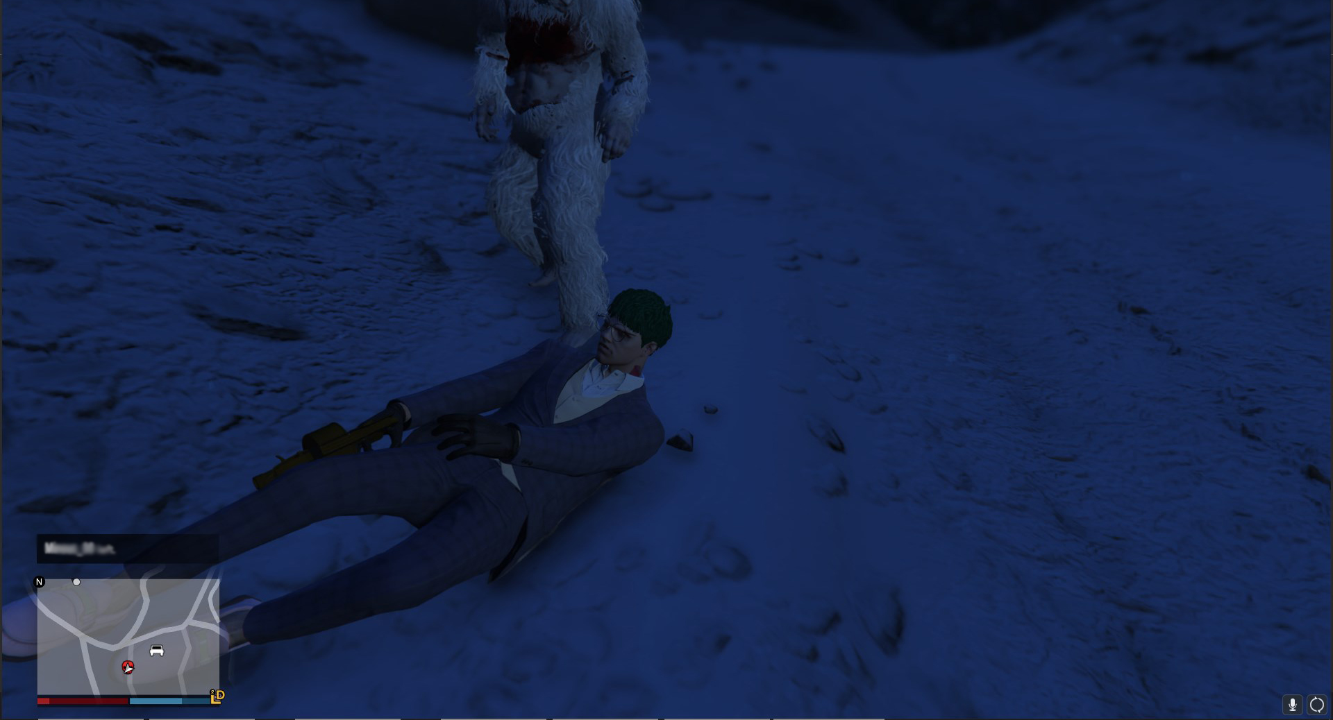 A GTA Online player, wearing a blue suit, getting attacked by a Yeti, a white hairy creature with long nails.