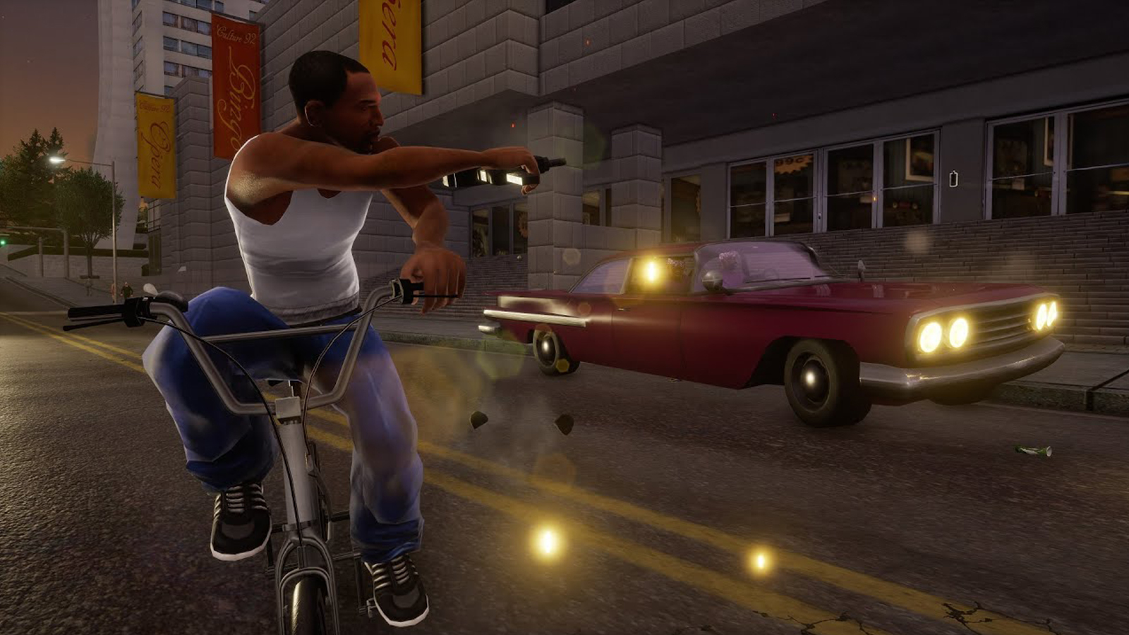 CJ shooting at a red car while riding a bike in GTA San Andreas