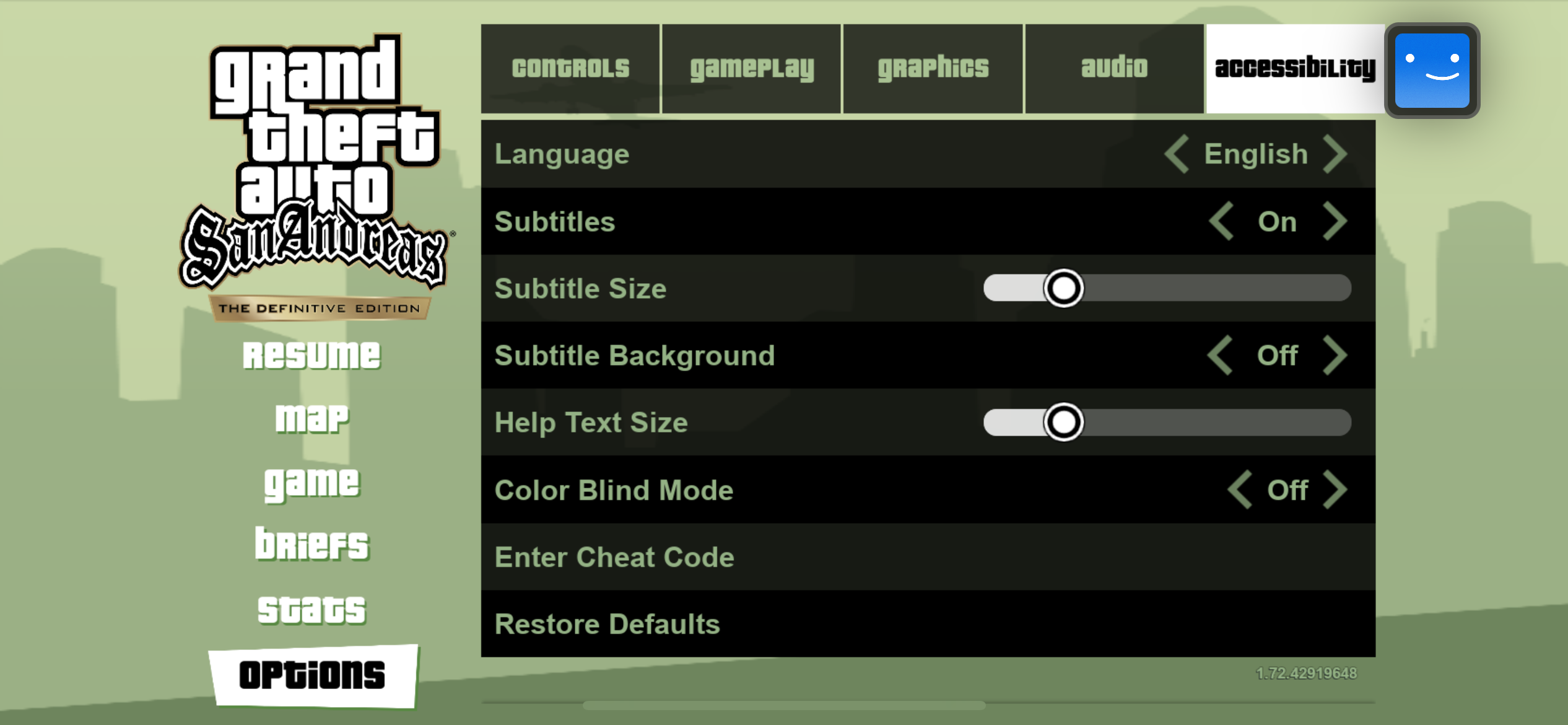 The GTA San Andreas pause menu screen, showing where to find "Enter cheat code" in the Accessibility second.