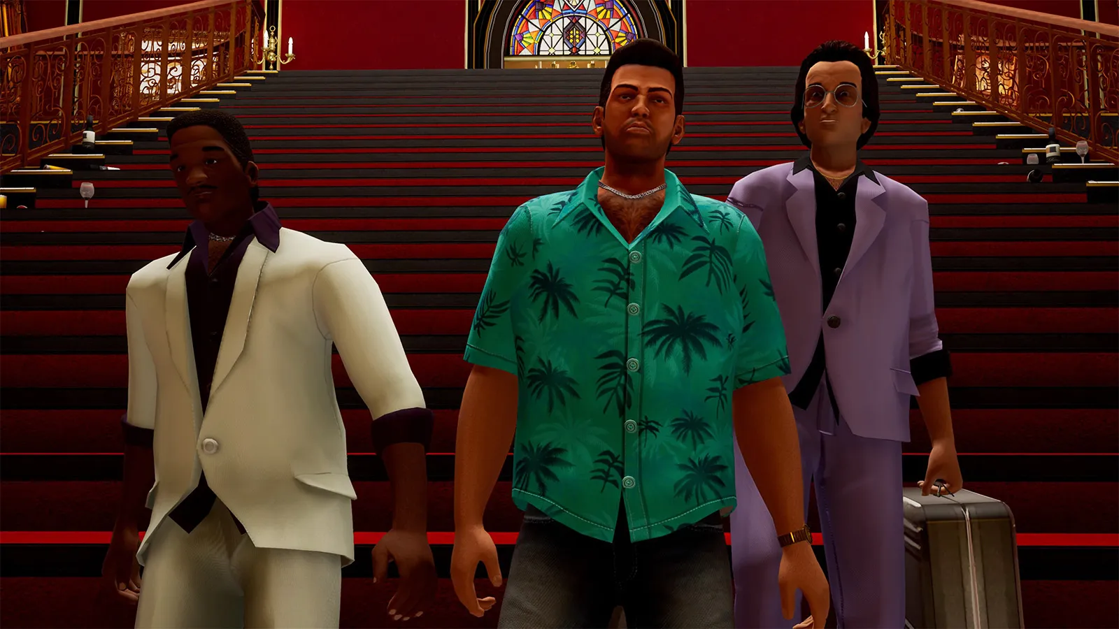 Tommy Vercetti walking down a set of stairs in GTA Vice City