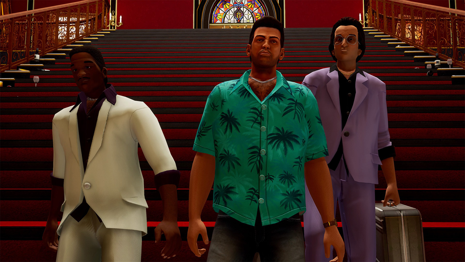 Tommy Vercetti walking down a set of stairs in GTA Vice City