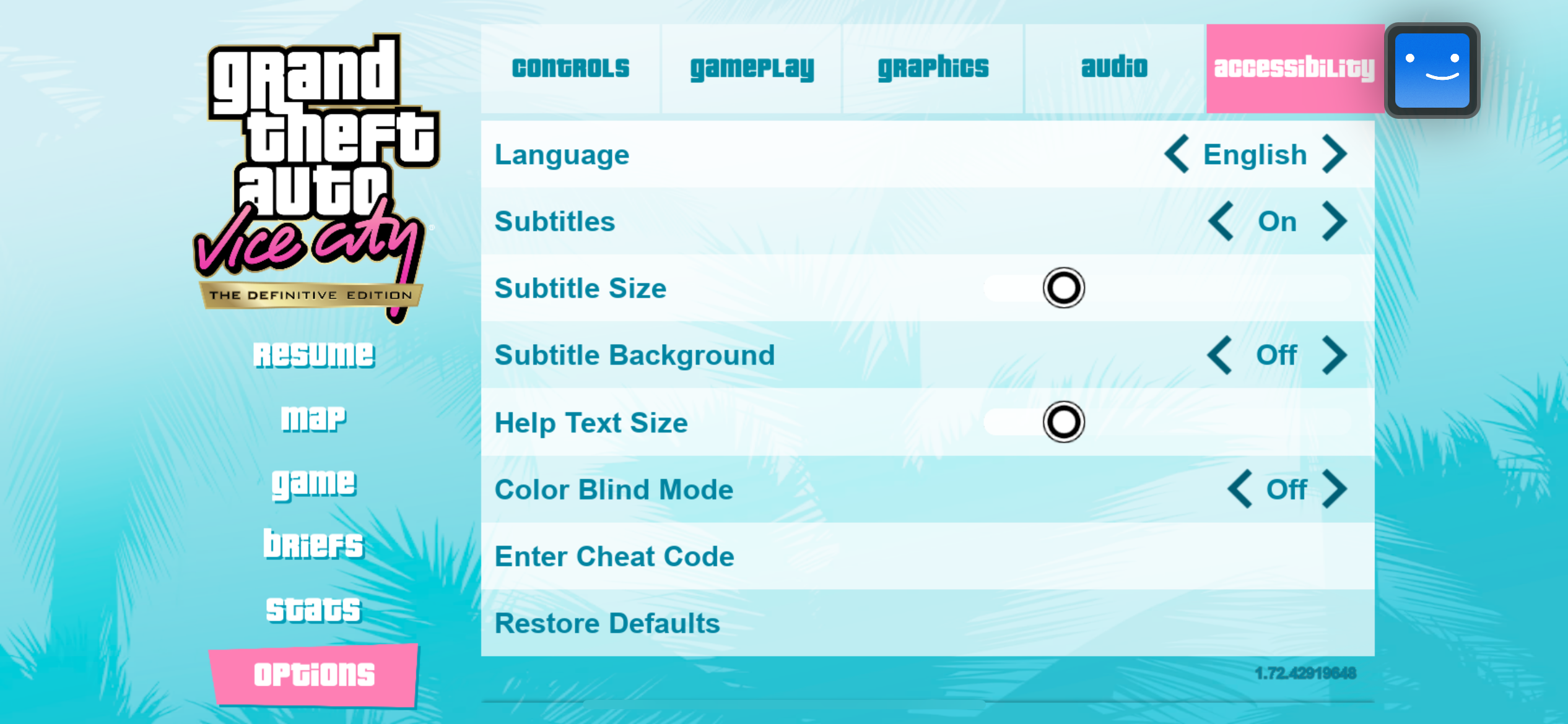 GTA Vice City's pause screen, showing where the option to enter cheat codes can be found. 