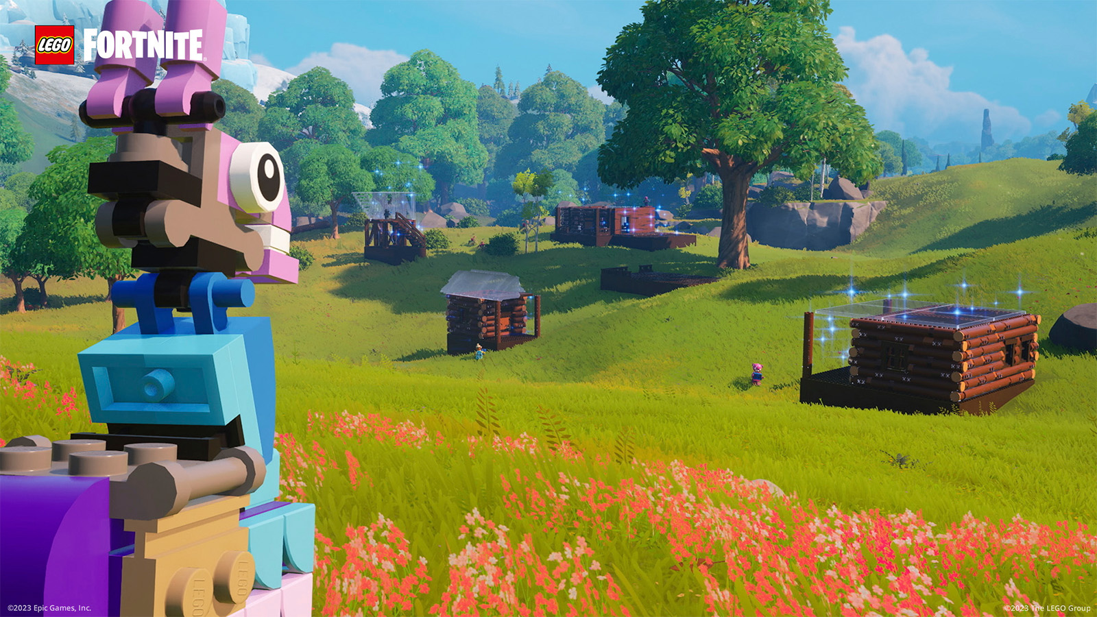 A Loot Llama looking at LEGO Fortnite characters building structures in a grass field.