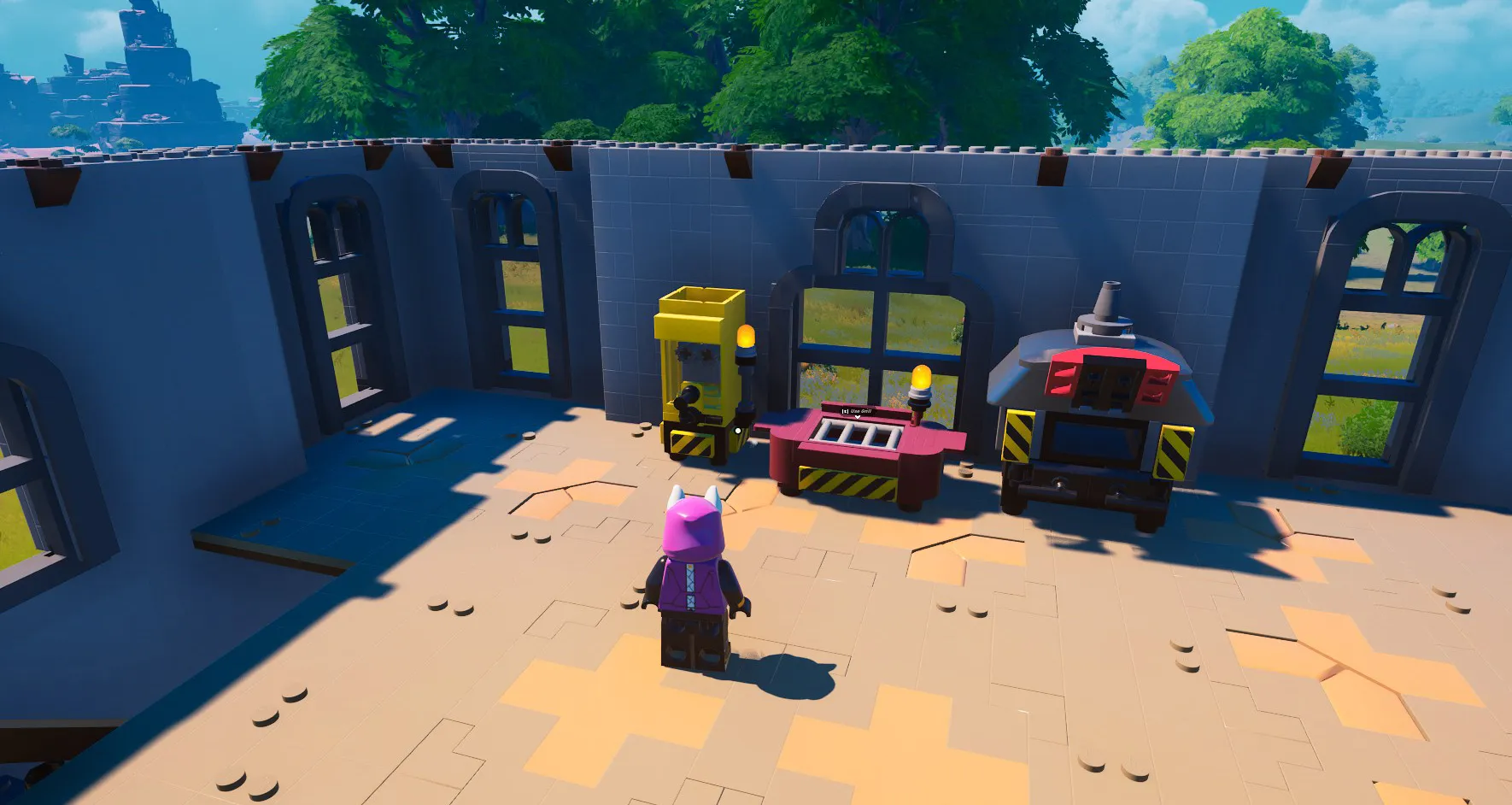 A LEGO Fortnite player looking at a Juicer, Grill, and Oven.