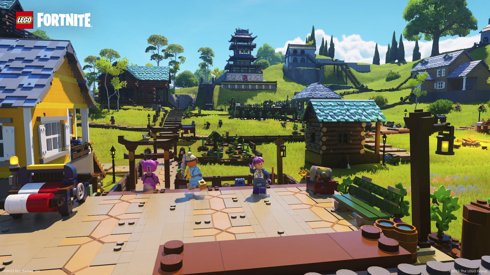 LEGO Fortnite characters standing around in a village in the Grasslands.