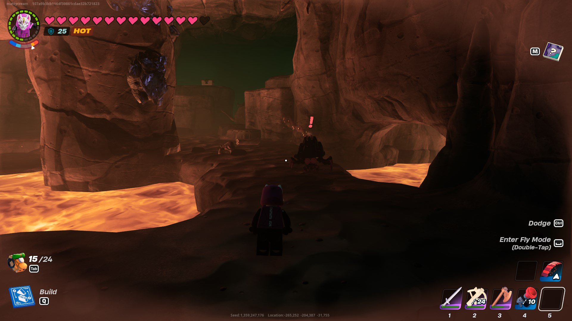 A LEGO Fortnite character inside a Lava Cave, looking at a Blaster. 