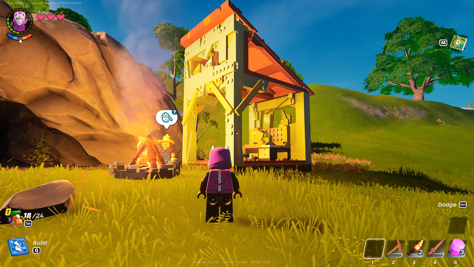 A LEGO Fortnite player looking at a small shack, while an NPC stands beside a camp fire. 