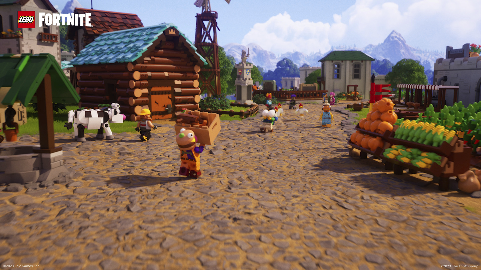 A LEGO Fortnite character carrying around a box in a village.