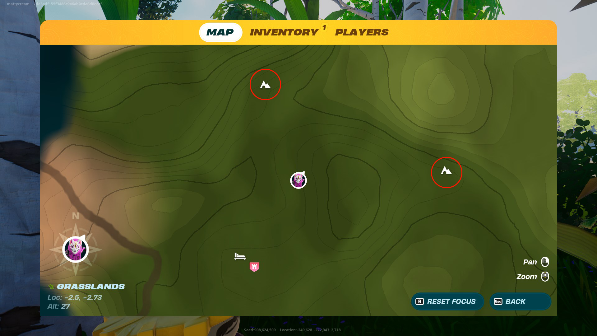 A screenshot with two caves marked on the LEGO Fortnite map with red circles around them. 