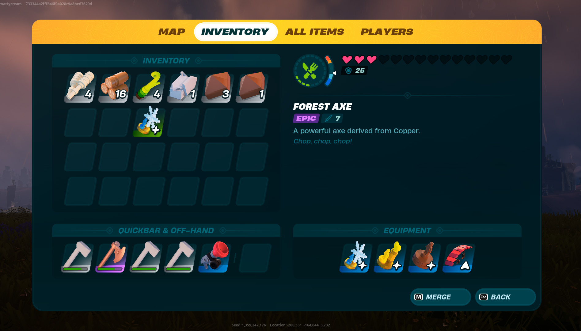 A screenshot of the LEGO Fortnite inventory menu, showing the equipment slots. 