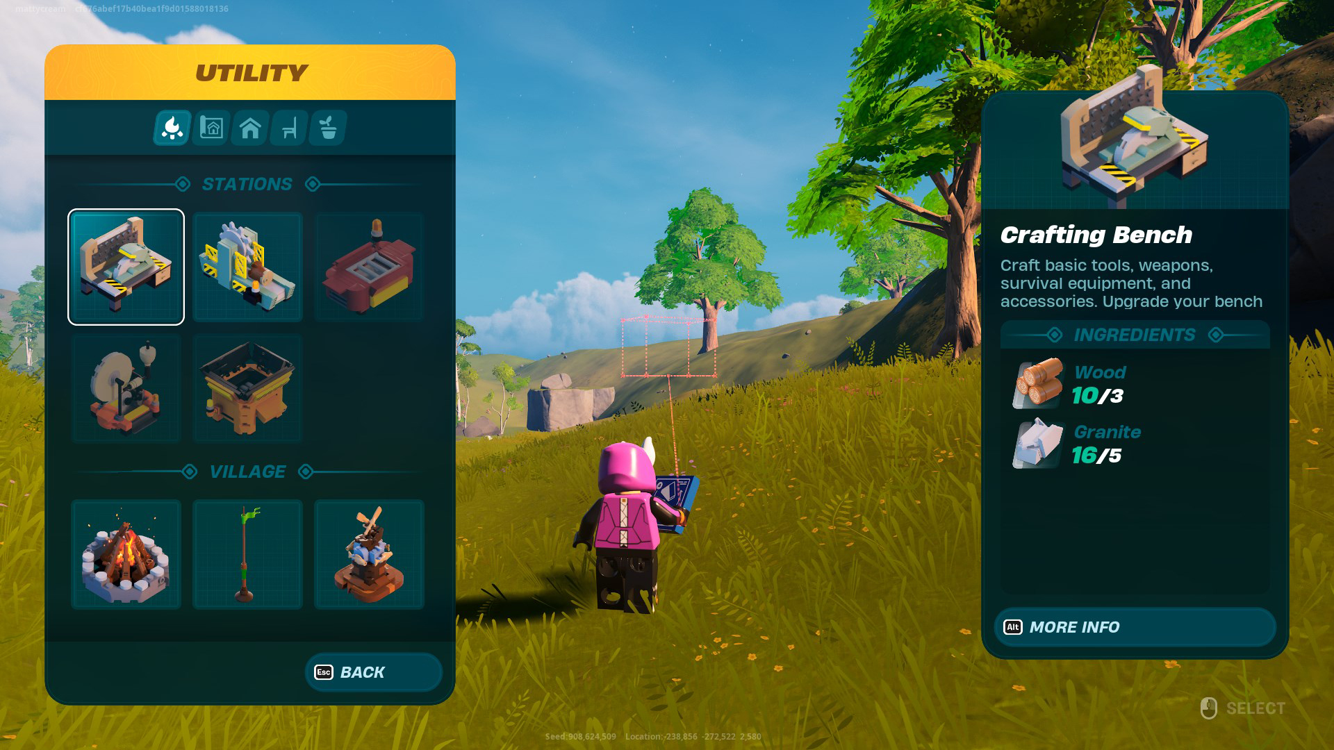 A LEGO Fortnite player building a Crafting Bench, with UI showing it will cost three wood and five granite. 