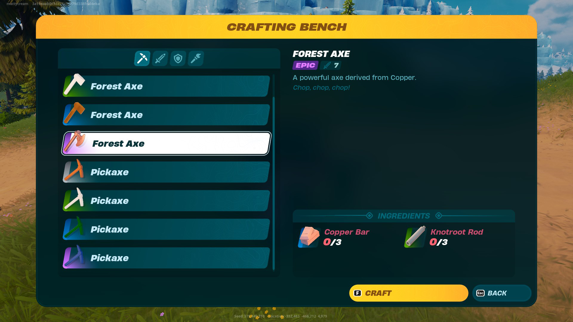 A LEGO Fortnite menu screen, showing the recipe of three Copper Bars and three Knotroot Rods required to make an Epic Forest Axe.