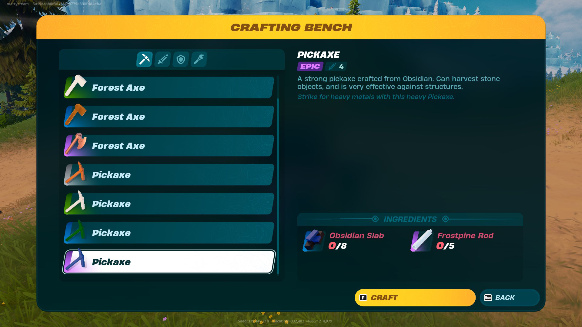 A LEGO Fortnite menu screen, showing the recipe for an Epic Pickaxe. It requires eight Obsidian Slabs and five Frostpine Rods.