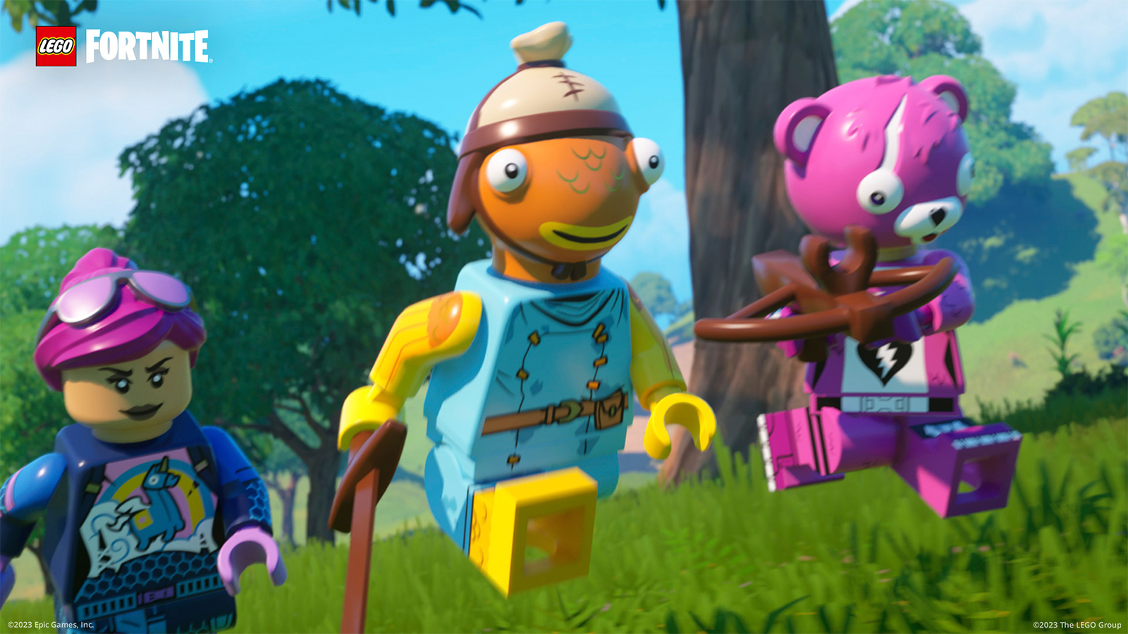 LEGO Fortnite characters running in the grasslands, holding weapons.
