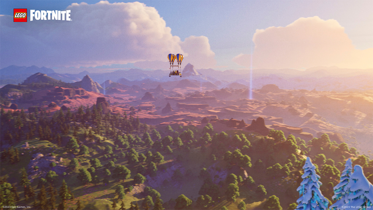 A LEGO Battle Bus flying over the map.