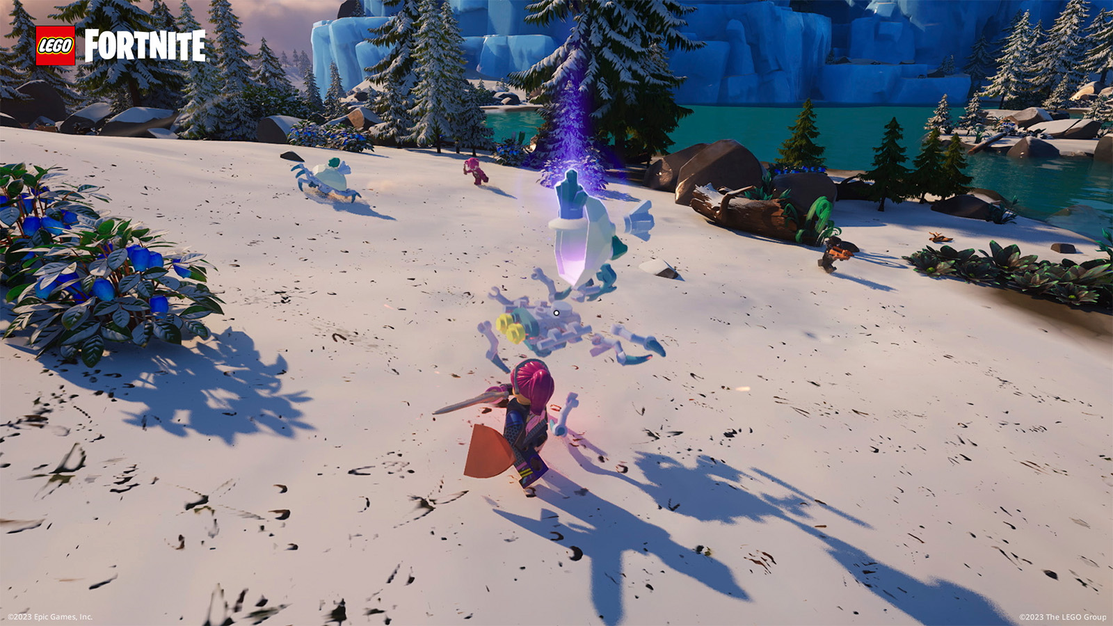 LEGO Fortnite character fighting off Frost Rollers
