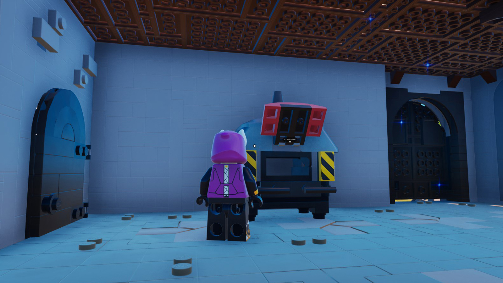 A LEGO Fortnite player standing in front of an oven inside a castle.