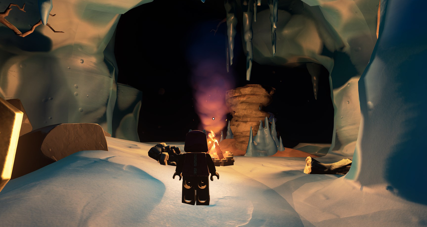 A LEGO Fortnite character standing in a Frostland Cave, with icecles hanging from the roof. 
