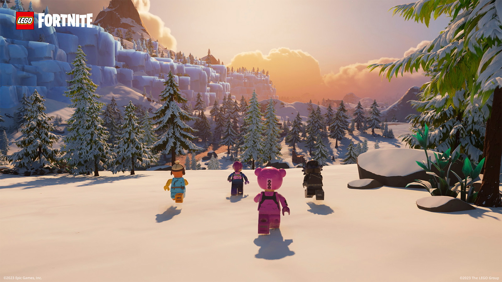 LEGO Fortnite characters running through a snowy Frostlands biome.
