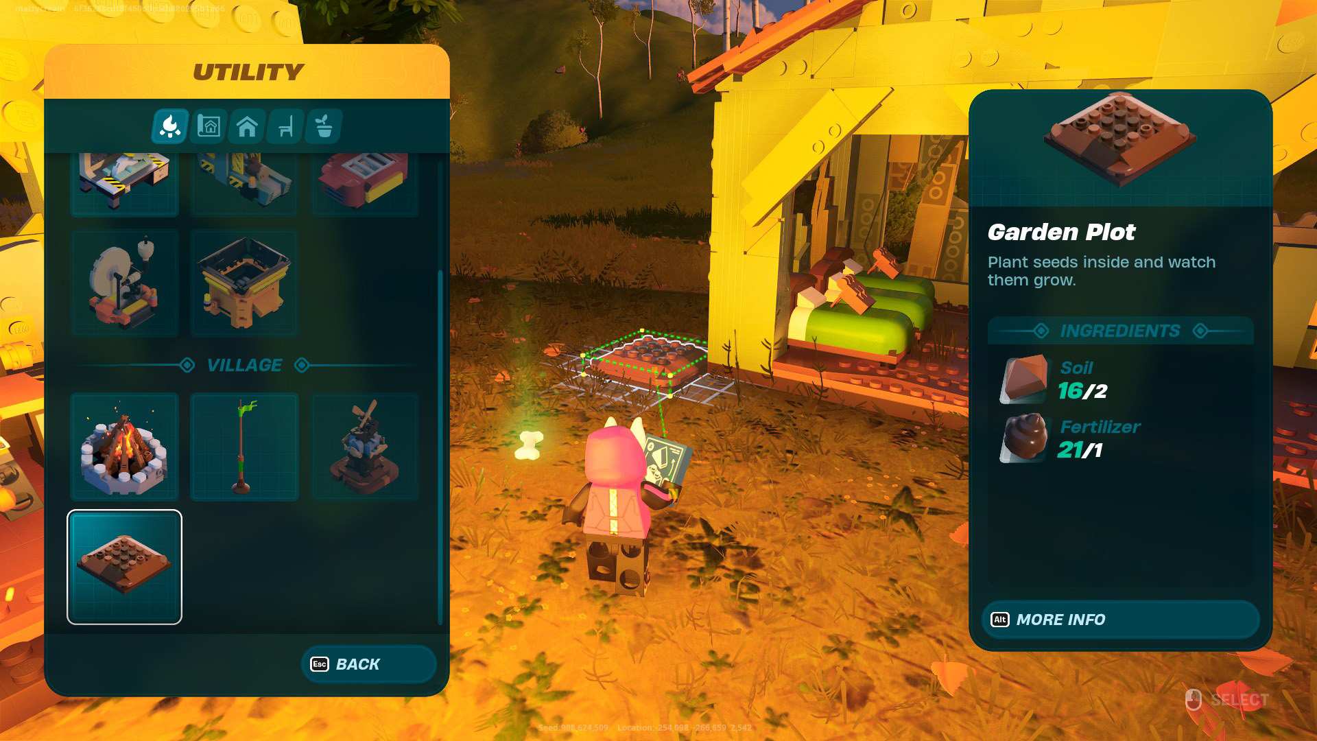 A screenshot showing the recipe for a Garden Plot in LEGO Fortnite, which requires two pieces of soil, and one fertilizer.