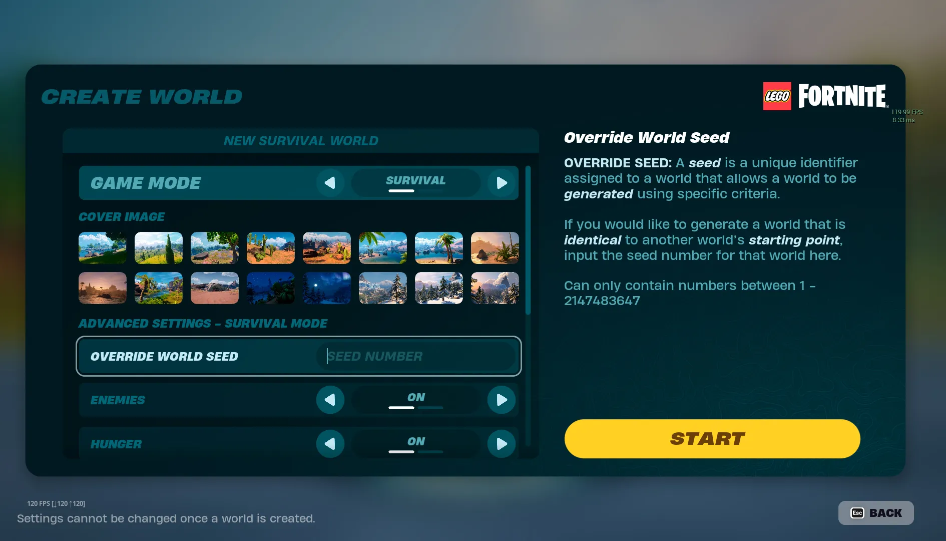 A screenshot of LEGO Fortnite's Create World menu. 
