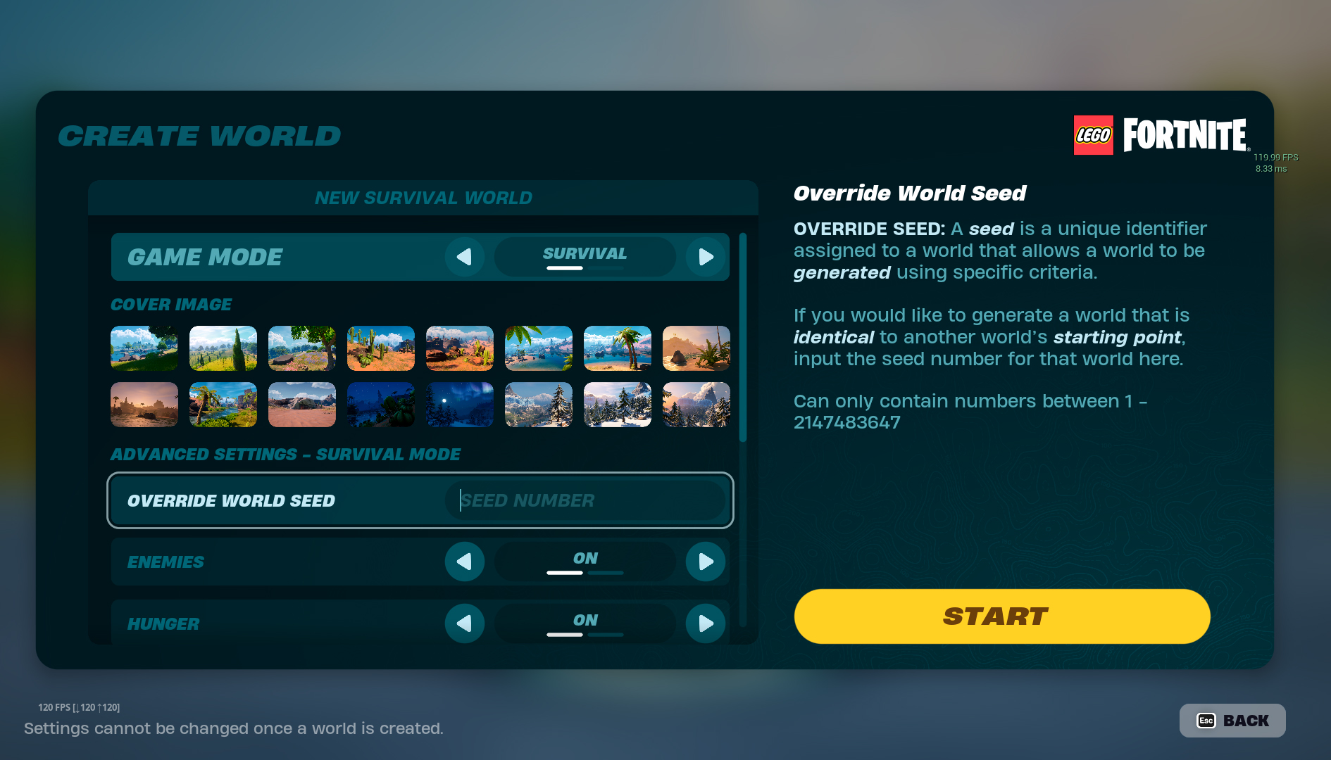 A screenshot of LEGO Fortnite's Create World menu. 