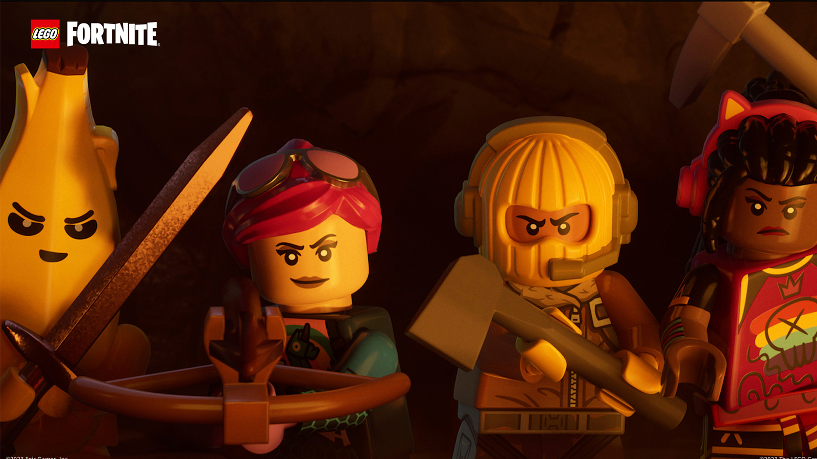 Four LEGO Fortnite characters inside a cave holding weapons.