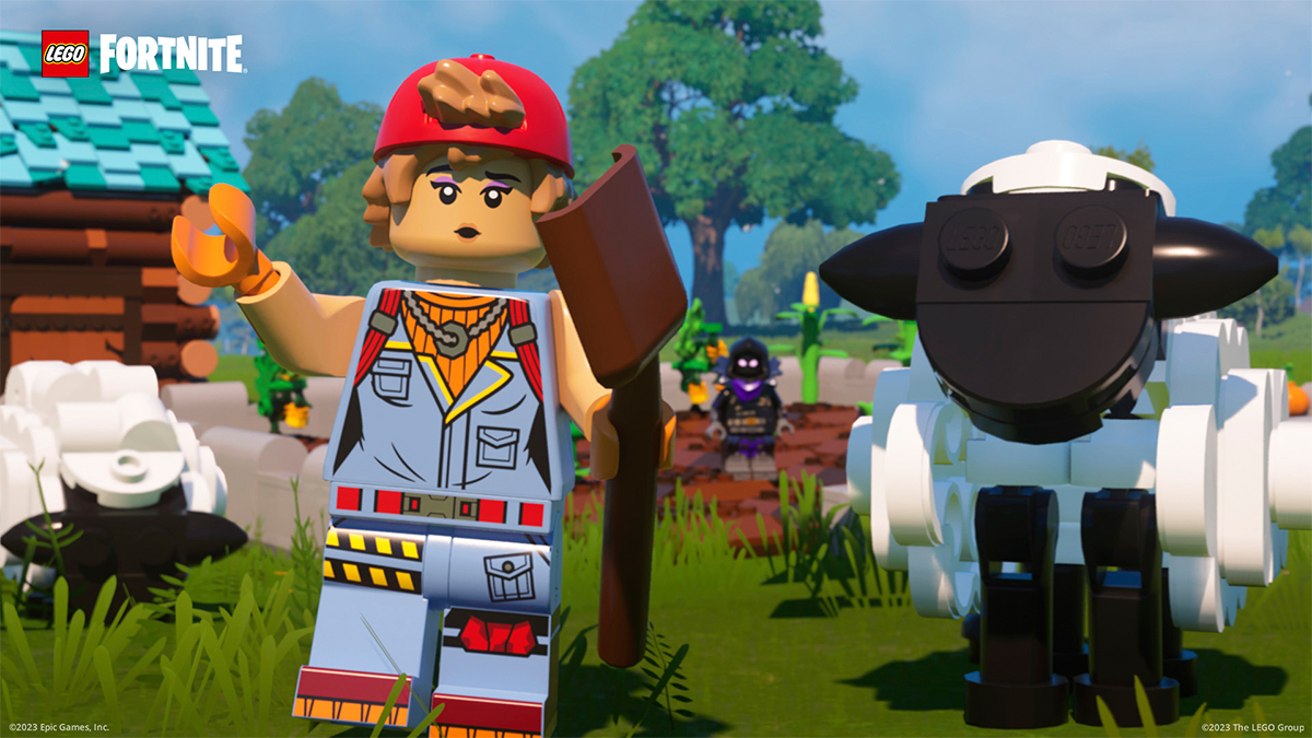 LEGO Fortnite character holding a shovel, standing beside a sheep.
