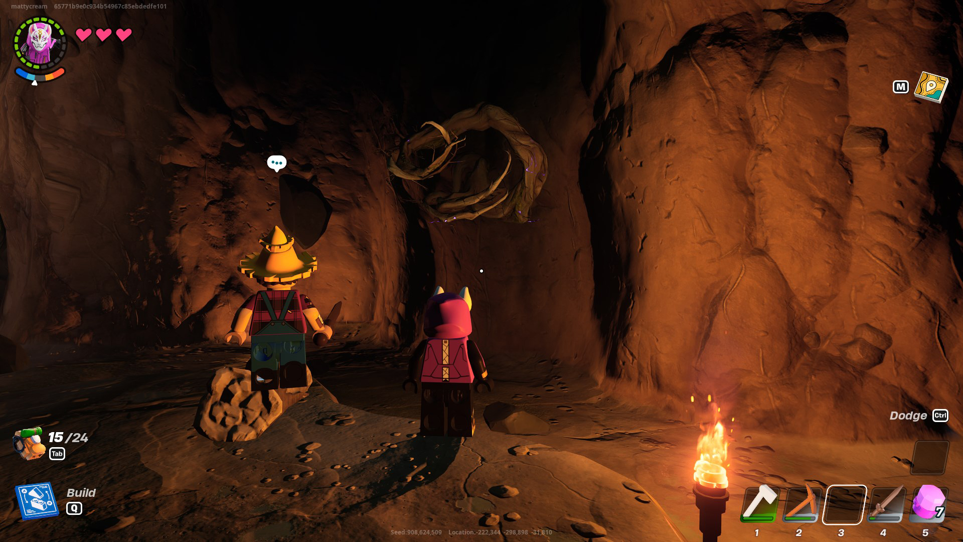 Two LEGO Fortnite characters looking at Knotroot Wood in a cave. 