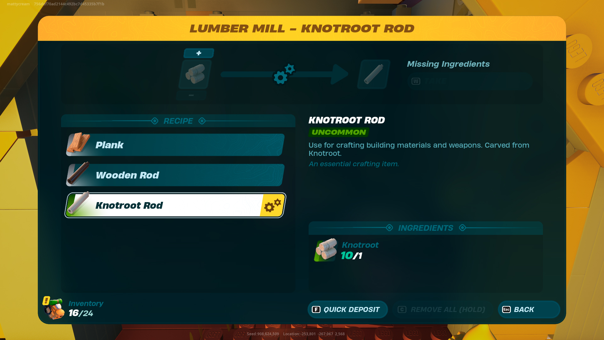An image of the Lumber Mill UI, showing the recipe for Knotroot Rods
