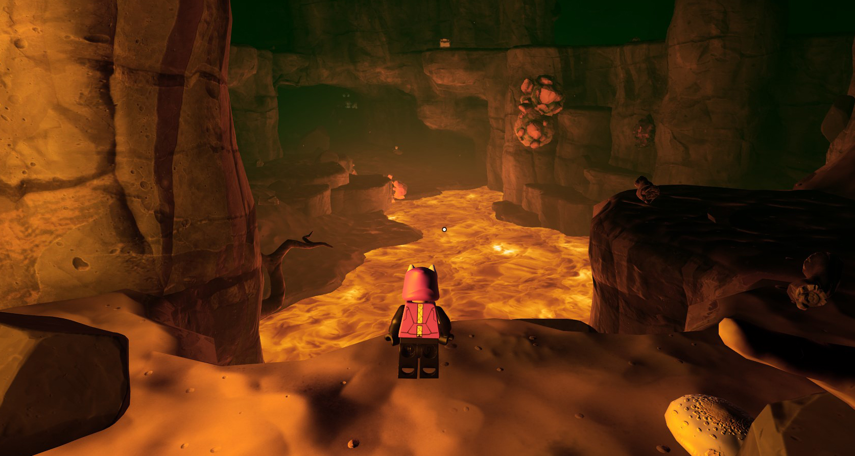 A LEGO Fortnite character looking at a lava cave, 