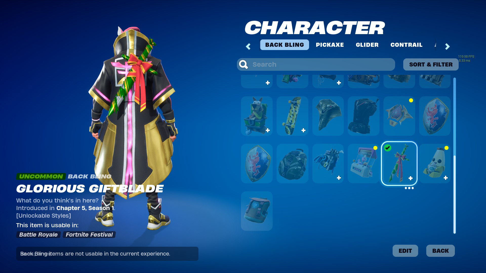 A Fortnite character in the Locker, wearing the Glorious Giftblade back bling. 