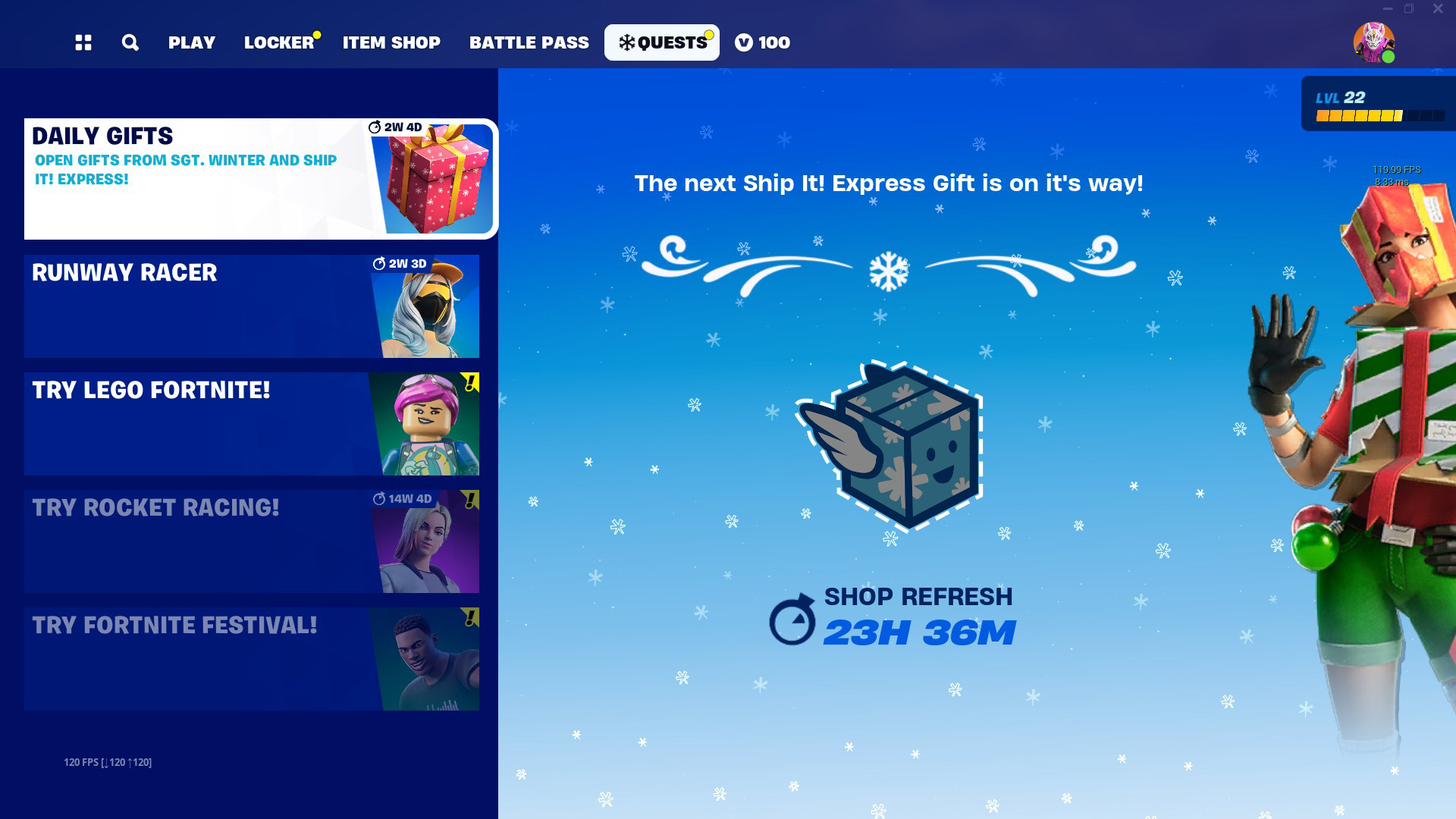 Fortnite's Daily Gift screen, with a Christmas-themed Fortnite character on the right side. 