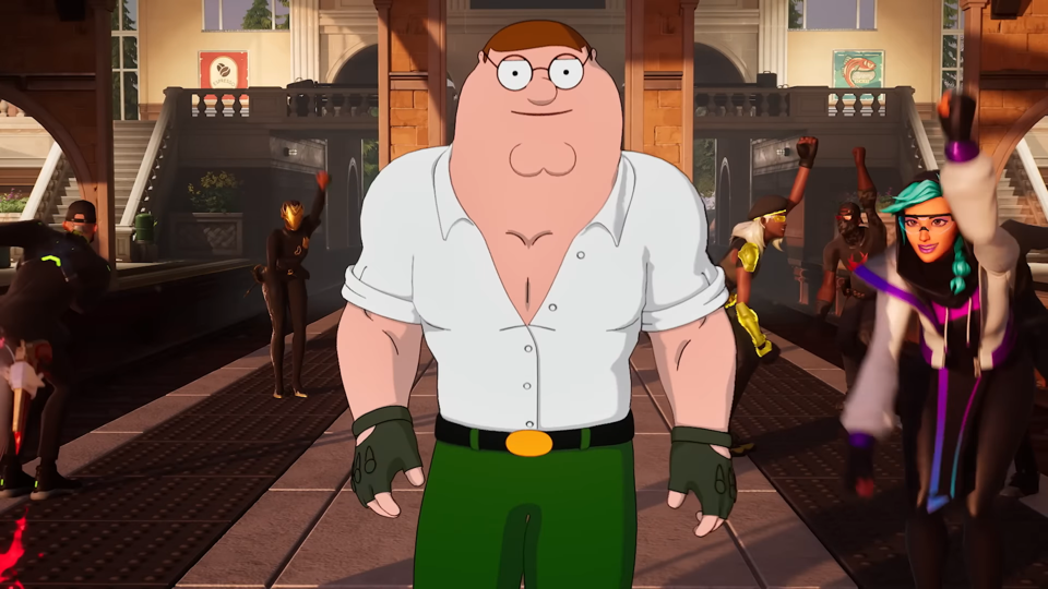 Peter Griffin walking past dancing Fortnite characters