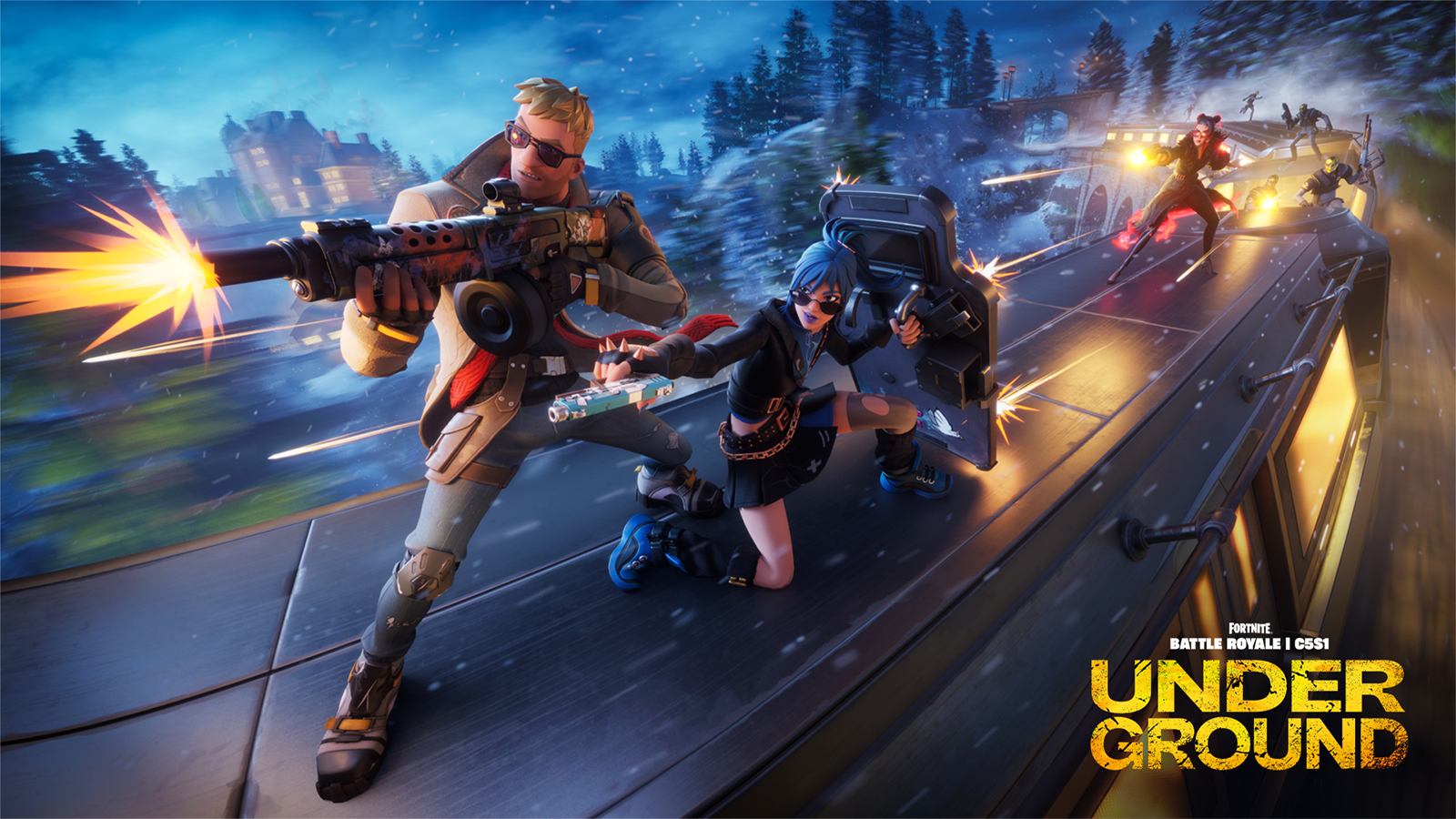 Fortnite characters fighting on a train, one shooting a gun, and another holding a riot shield.