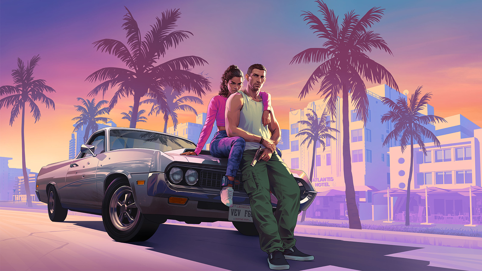 A man and a woman leaning against a muscle car, with palm trees and buildings behind them.