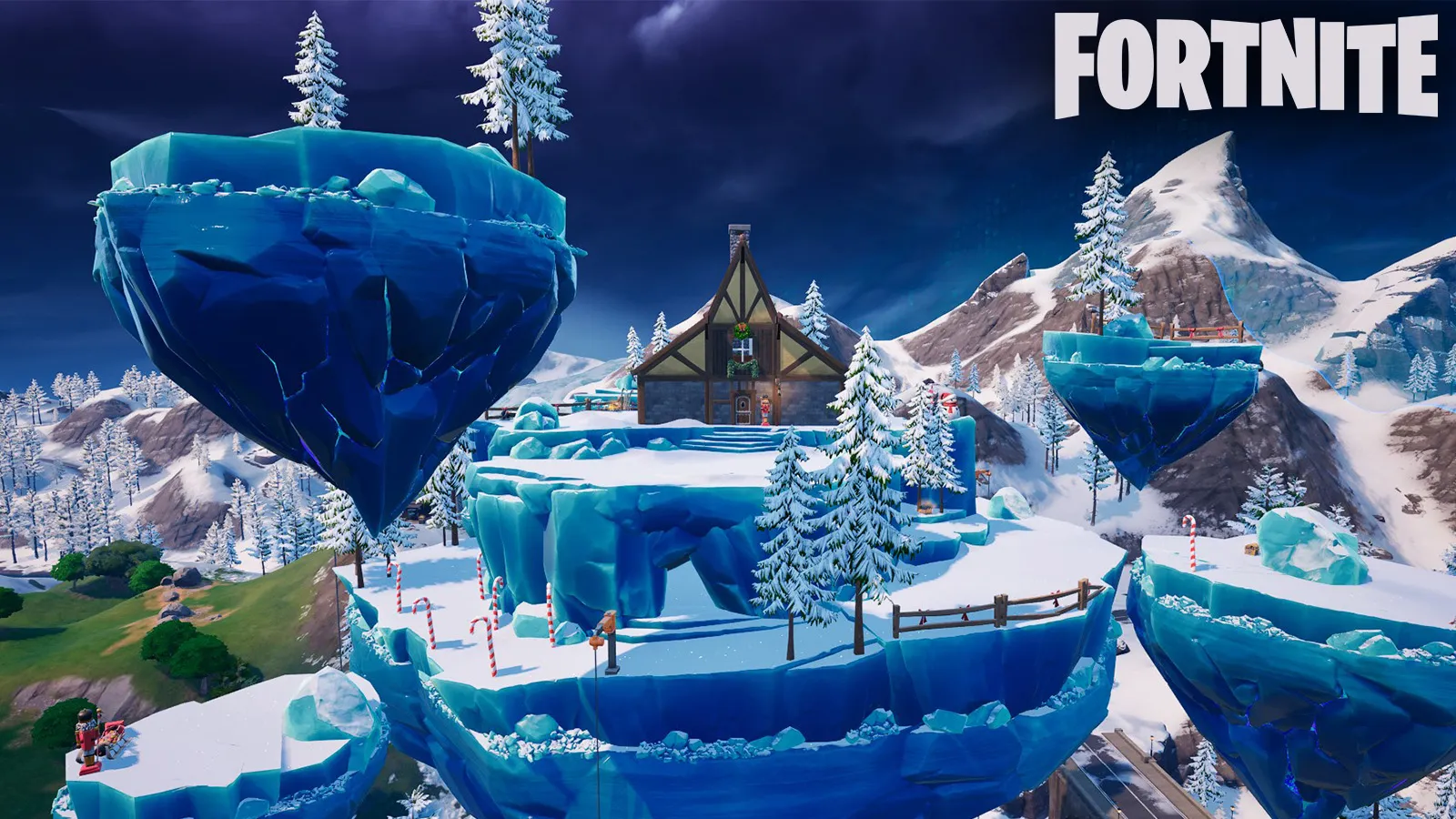 Crackshot's Cabin, a brown wood cabin, sitting on a floating island made of ice.