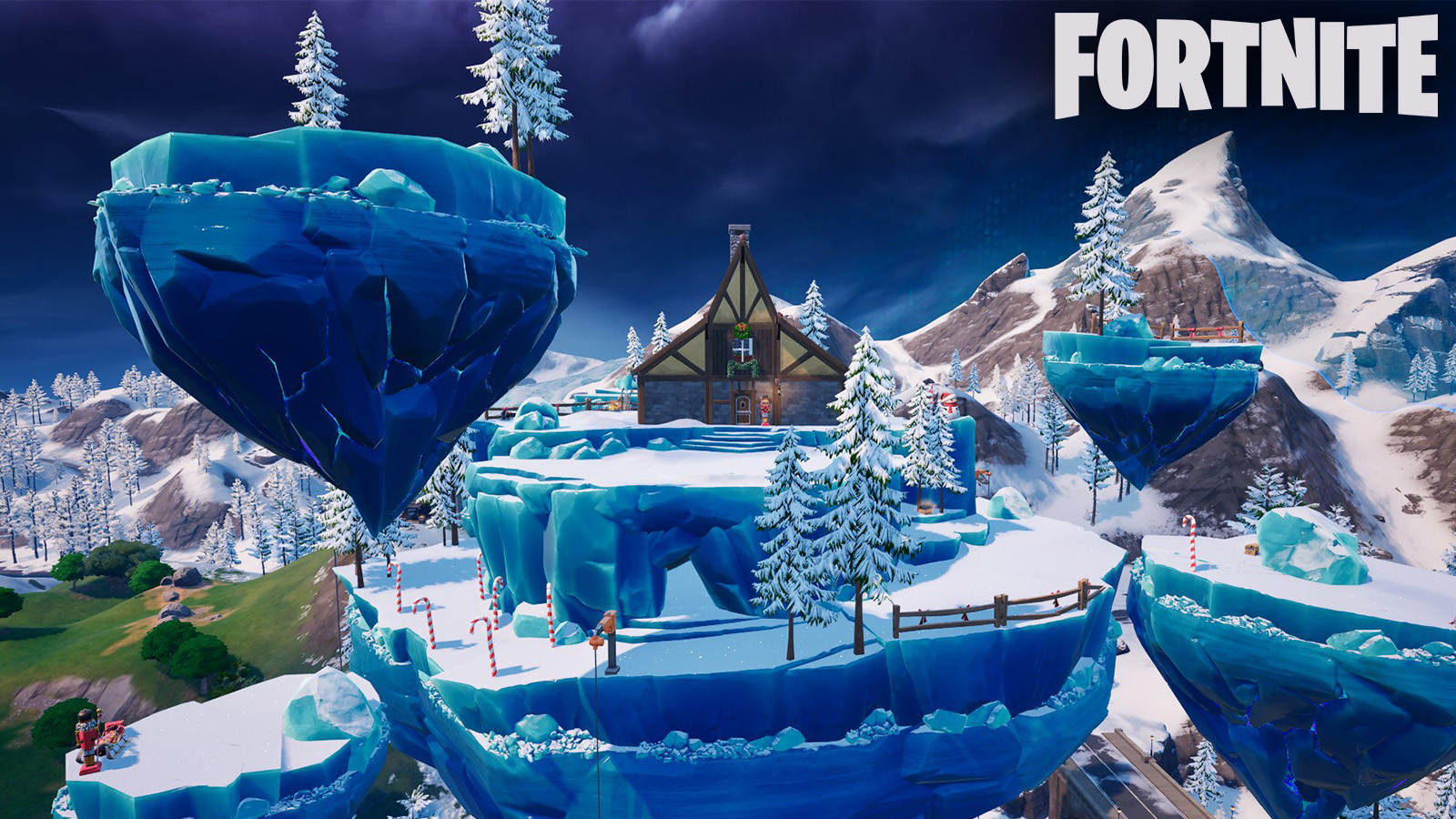 Crackshot's Cabin, a brown wood cabin, sitting on a floating island made of ice.
