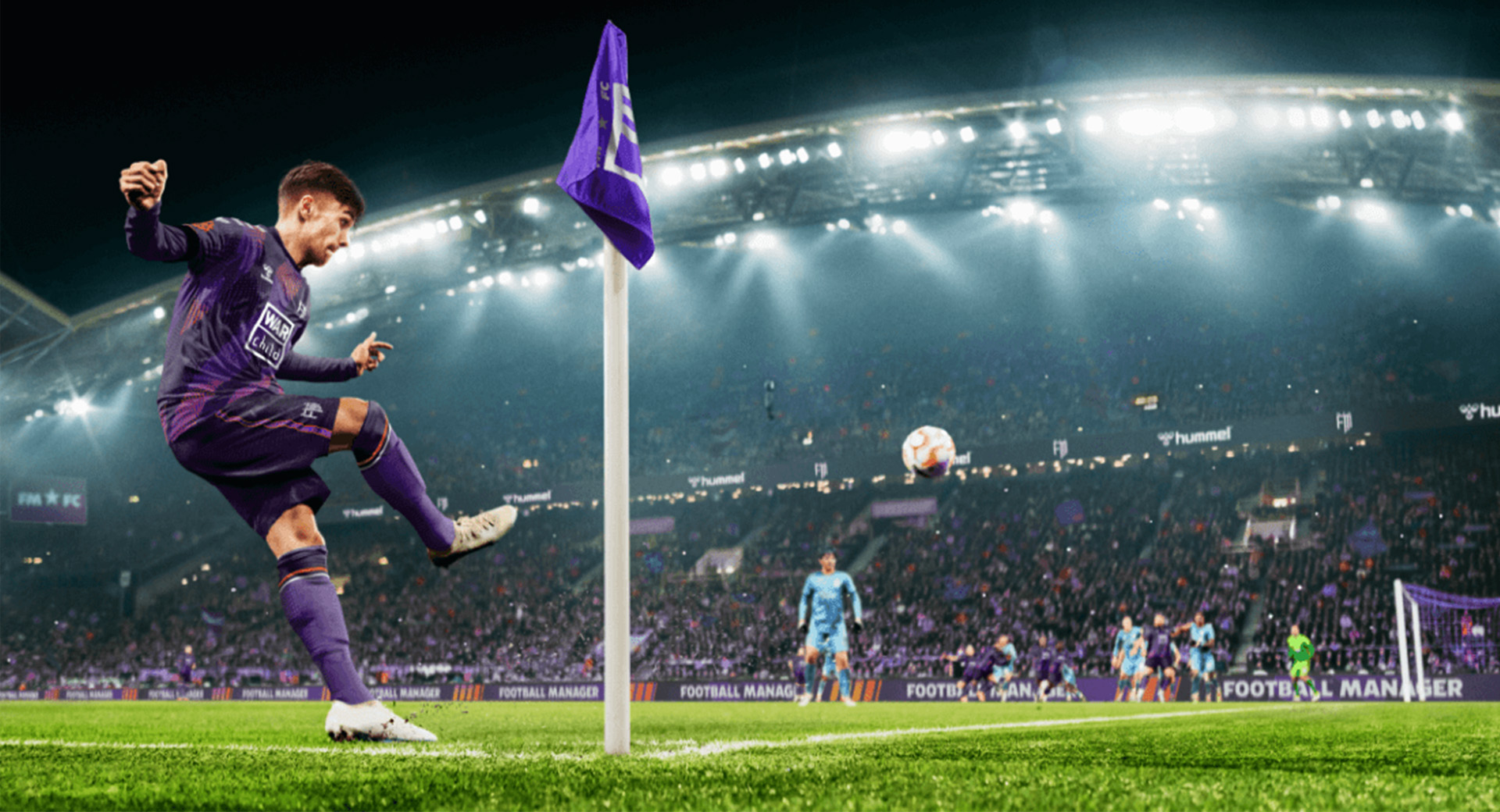 A football player, wearing a purple kit, taking a corner kick at the flag.