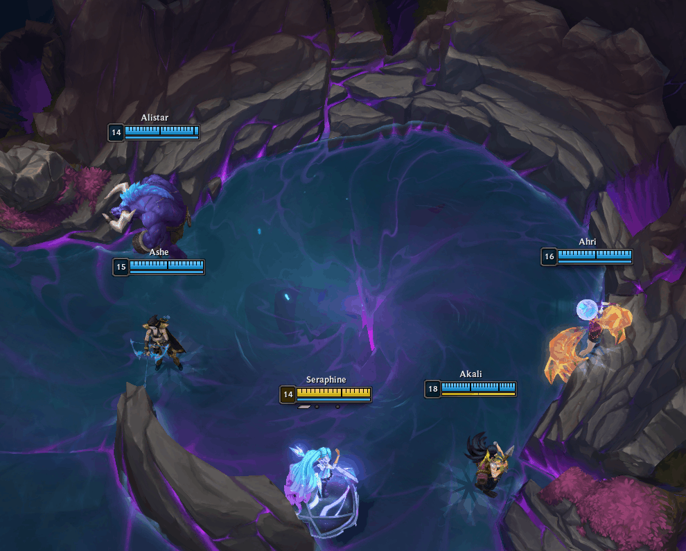 Five League of Legends players in the spawn area using the fist bump emote. A fist pops up above each player, and moves towards all the other fists for a team celebration.