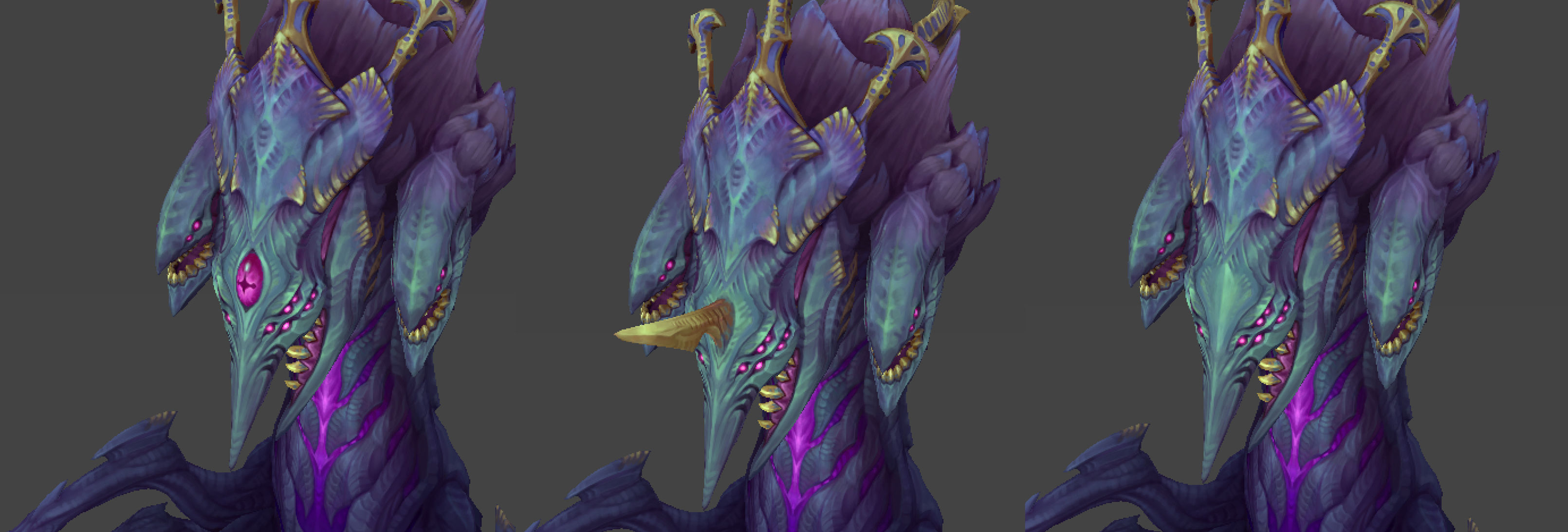 The three new Baron Nashor forms, with only a slight change on the head for each. The All-Seeing Baron has a big eye in the middle of its head, the Hunting Baron has a giant tusk, and the Territorial Baron has nothing on it's middle head.