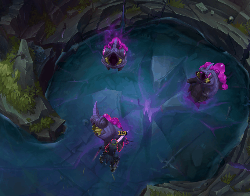 A League of Legends player fighting against Voidspawn creatures as they spawn new enemies.