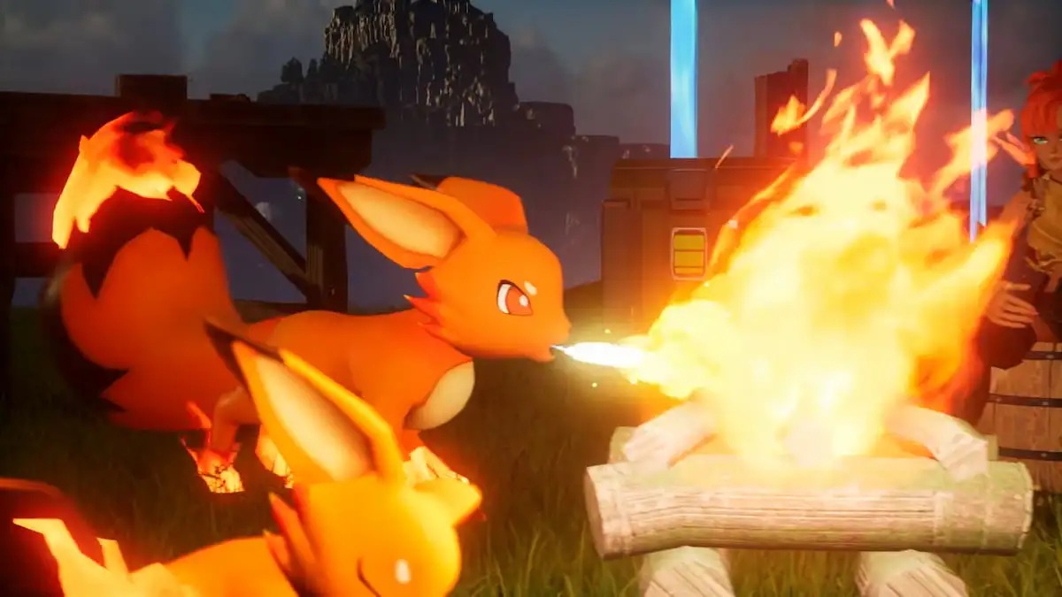 Foxparks breathing fire on logs in Palworld