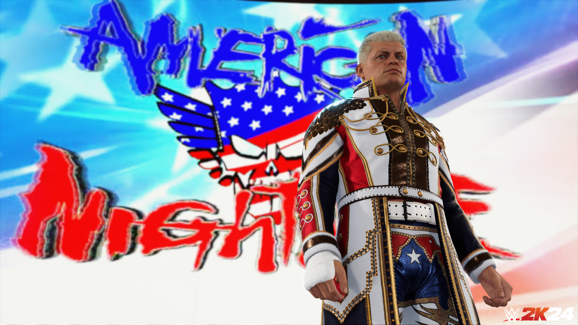 Cody Rhodes standing in front of a titantron that says "American Nightmare."