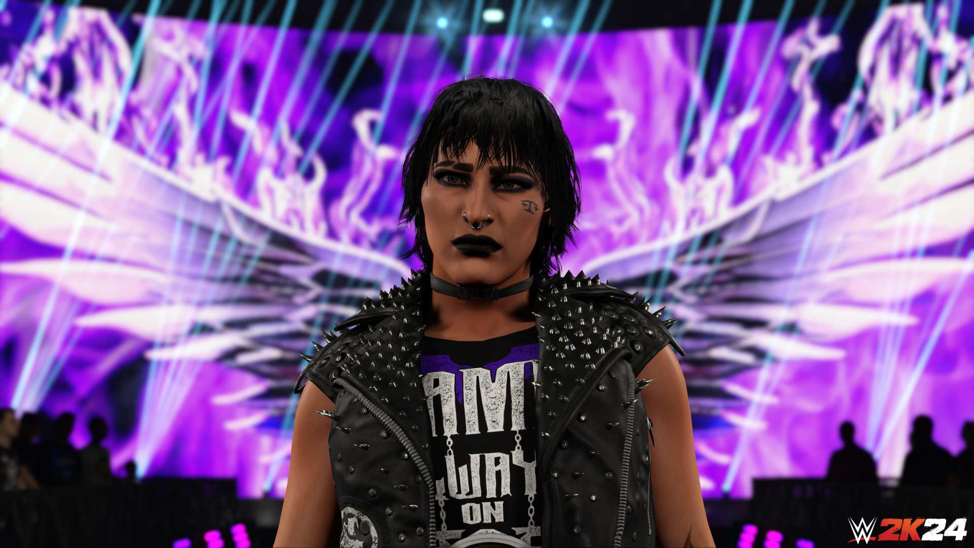 Rhea Ripley, wearing a black leather jacket with spikes, walking down the aisle. The titantron behind her shows a purple set of wings.
