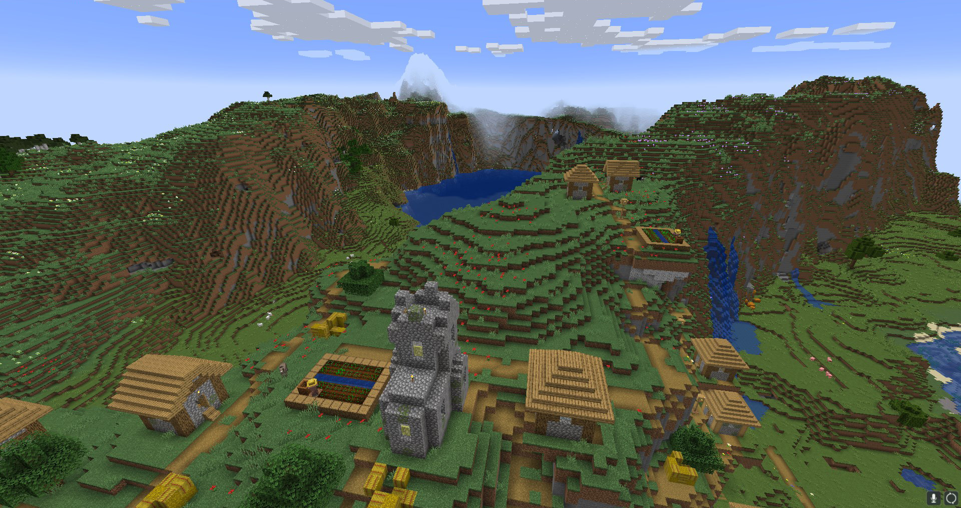 A Minecraft village sitting on top of a big cliff, with a giant leak behind it. 