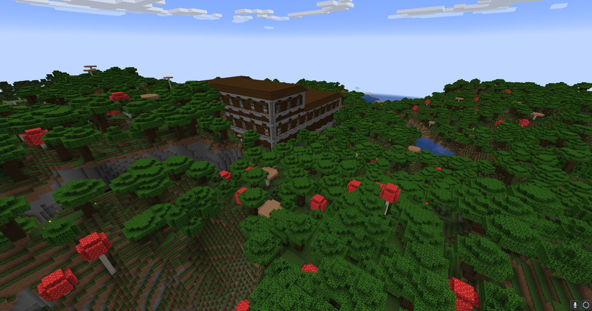 A brown wooden Mansion surrounded by trees and giant Mushrooms. 